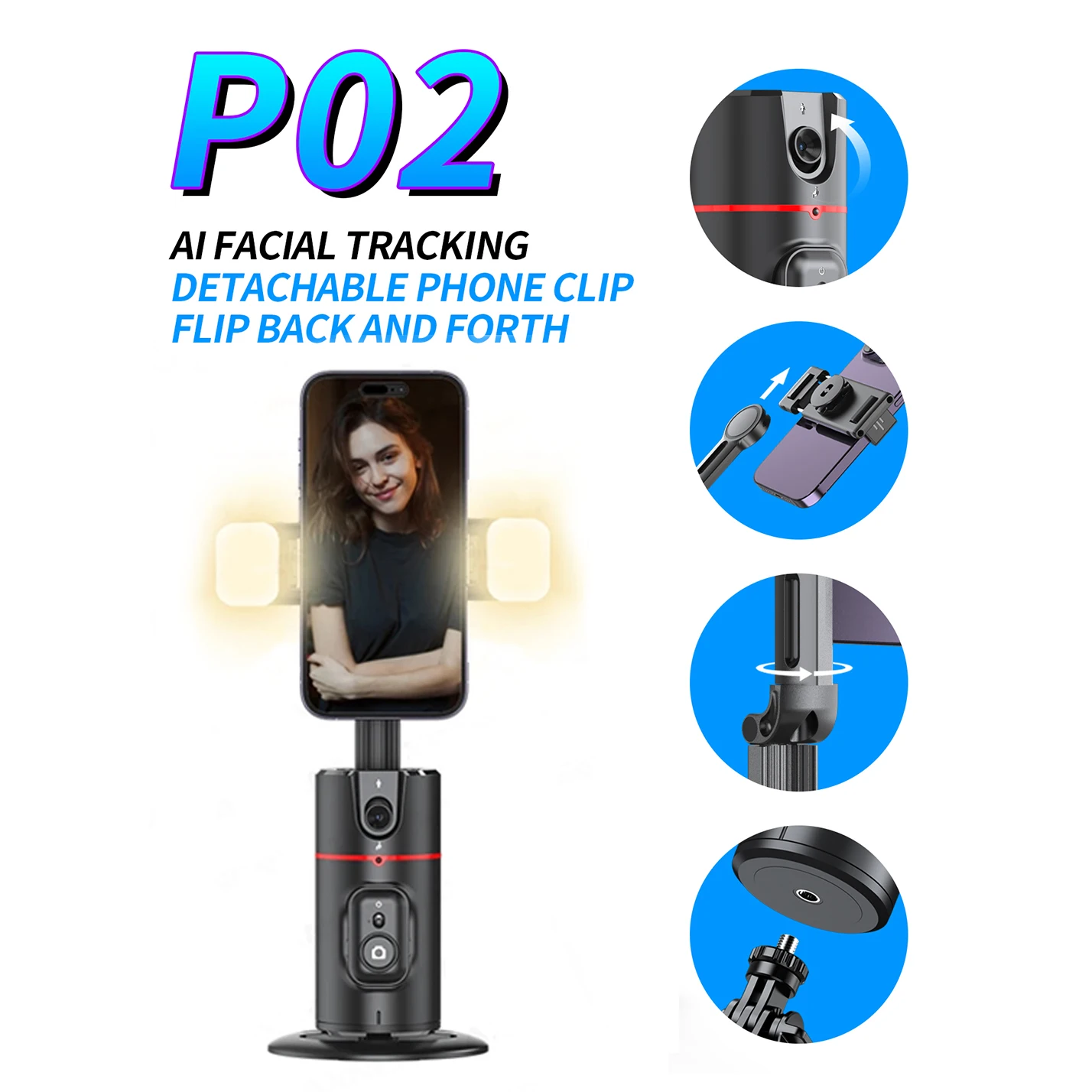 عصا سيلفي بلوتوث لاسلكية، جهاز تتبع الوجه بالذكاء الاصطناعي، مثبت انحراف مناسب للتصوير الداخلي والخارجي لهاتف iPhone