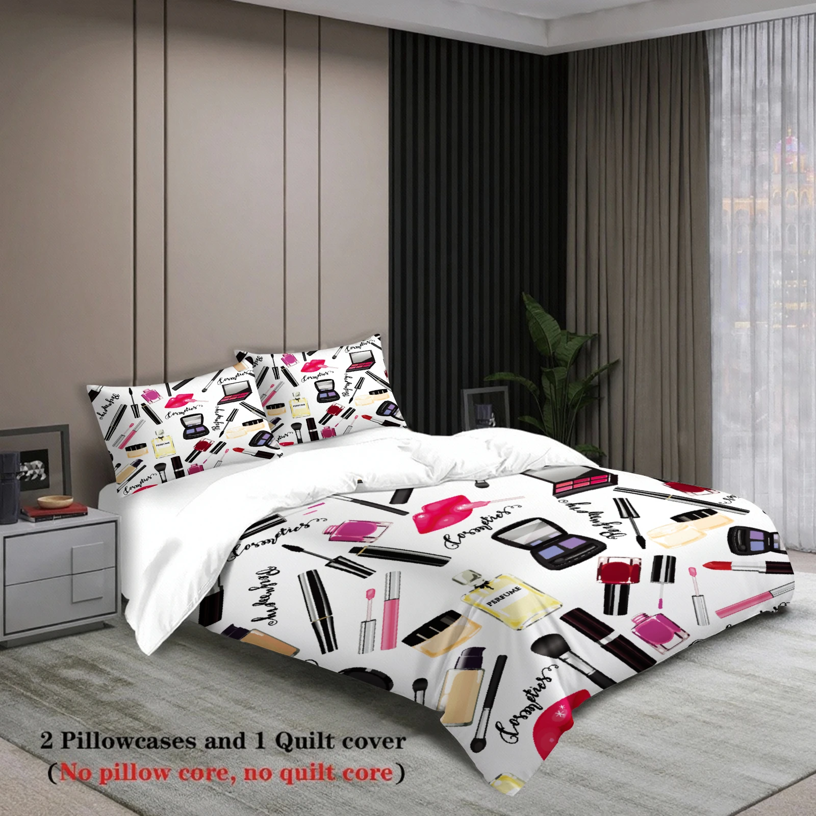 3pcs Cosmetic Makeup Bedding Sets 3D Printed Cosmetics Pattern Duvet Cover Sets With Pillowcases No Filling