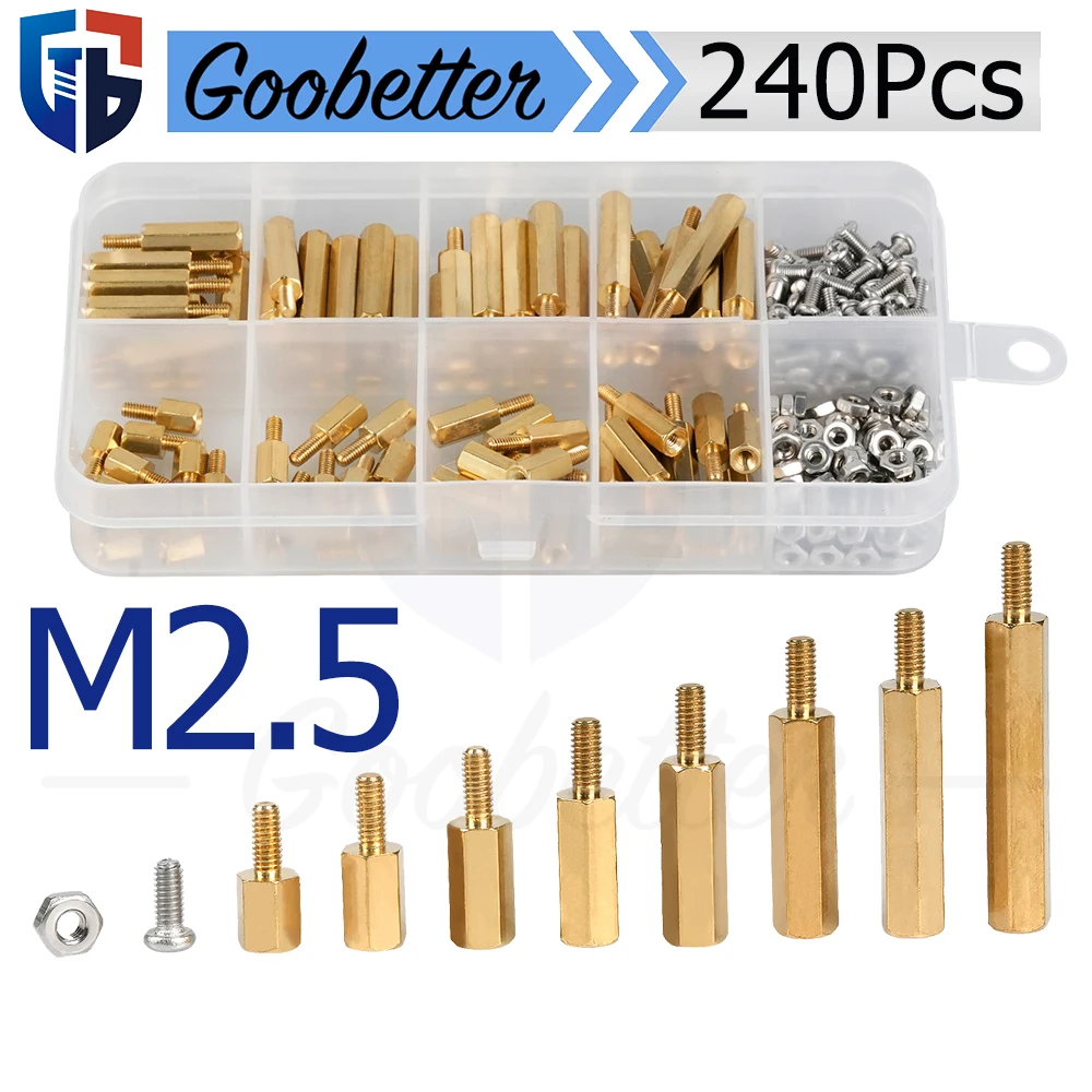 

240Pcs M2.5 Male Female Solid Brass Hex Standoff Support Spacer Pillar Bolt for PCB Board Assortment Hex Screws Nut Kit Box