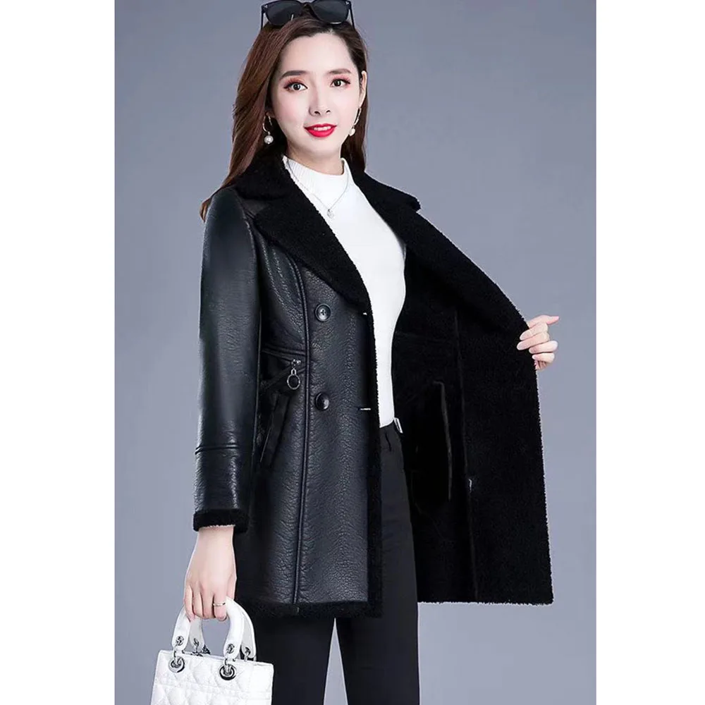 XL-6XL Femmes Veste En Cuir Automne Hiver Mi-Long Faux Cuir Moto Coupe-Vent Manteau Mère Hiver Optique Velours Pardessus