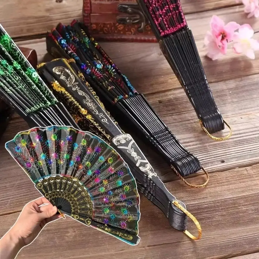 Sequin Embroidery Chinese Folding Fan Peacock Pattern Plastic Handheld Fan Folding Handheld Style Embroidery Fan Home Decor