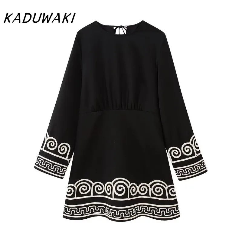  KADUWAKI Spring/Autumn Round Neck Long Sleeve Printed Robe Fashion Loose Embroidered Party Gown Casual Knee Length Dress