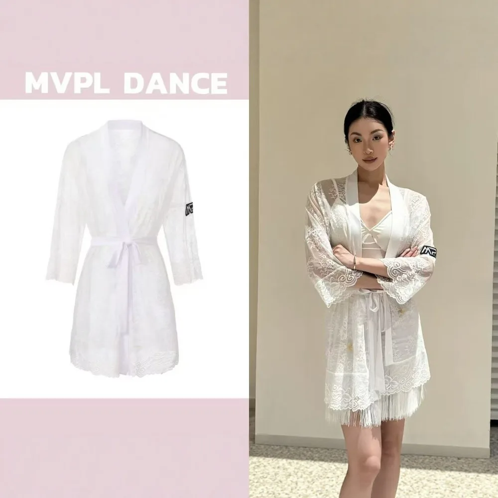 Customized Latin Dance Dress Practice Dresses Performance Competition Clothes Teaching Black and White Lace Cardigan Cover Coat