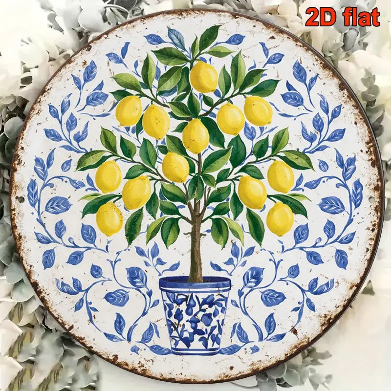 2D Flat, 1pc 8x8in/20x20cm 2D Flat Round Aluminum Sign, Vintage Decorative Plaque Featuring a Lemon Tree, Mediterranean Style De