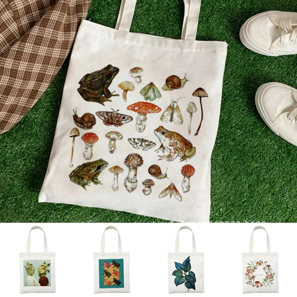 

Harajuku Style Mushroom Botanical Canvas Tote Bag Green Leaf Moth Handbag Eco Friendly Work School Shopping Commute Yoga Bag