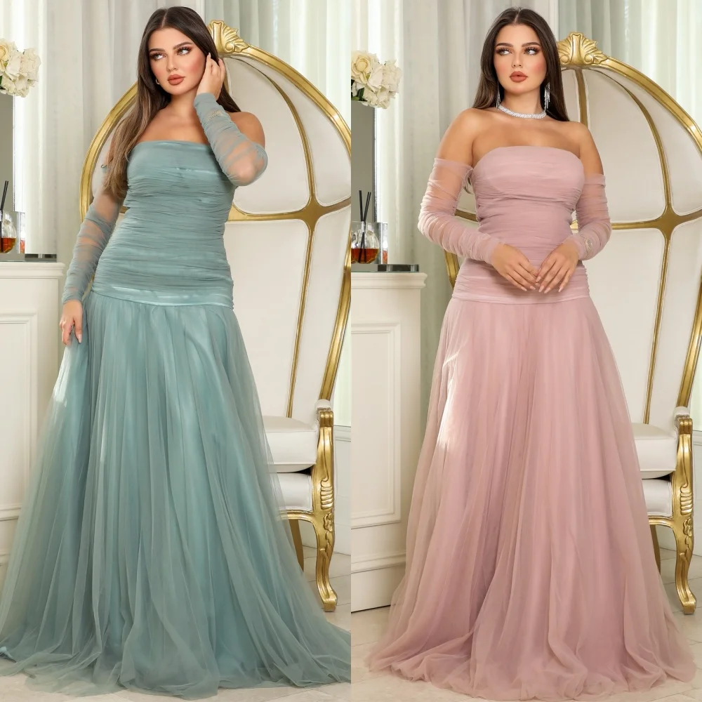 

Customized Elegant Matching Tulle Ruched Pleat A-line Strapless Long Dresses Bespoke Occasion Dresses Sizes Available Fashion