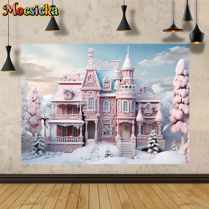 

Mocsicka Winter Photography Backdrop Christmas Castle Snowy Background Cute Kids Portrait Cake Smash Banner Studio Photo Prop