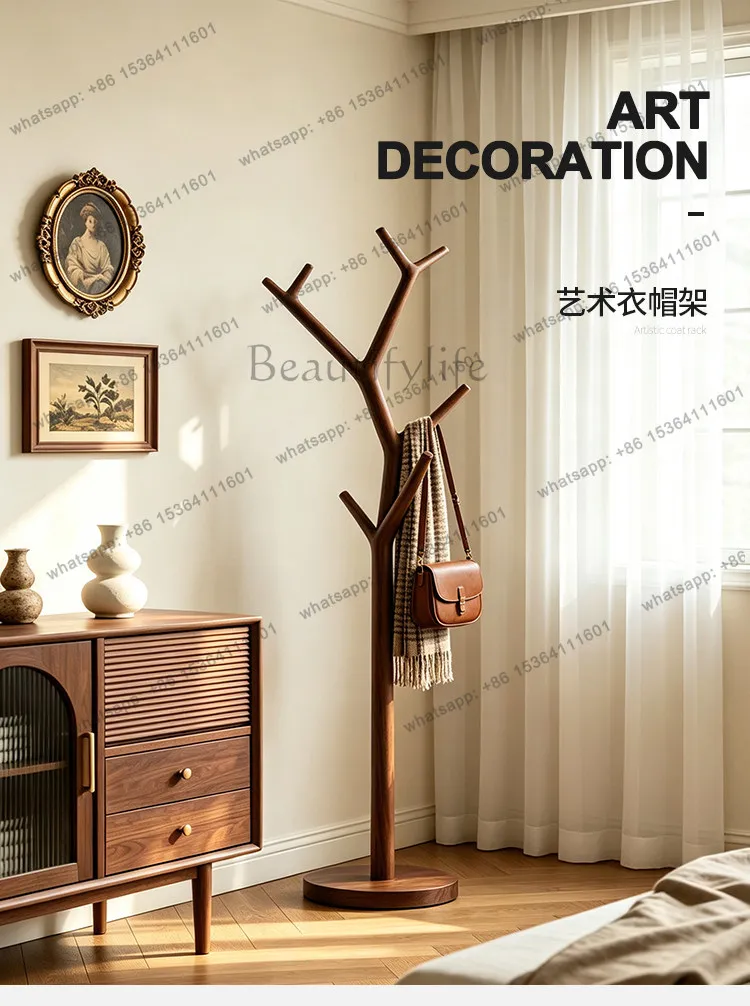 YJ North American Black Walnut Coat Rack Tree Branch Floor Stand Bedroom Entry Living Furnishing