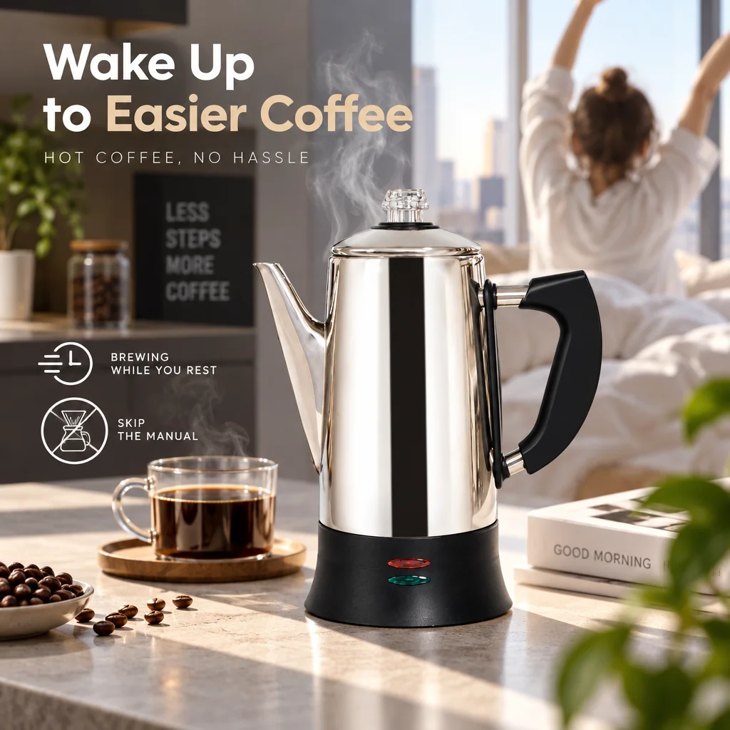Large Capacity 1.8L Electric Coffee Percolator Stainless Steel 12 Cups Electric Coffee Kettle 110V 220V Home Office Coffee Maker