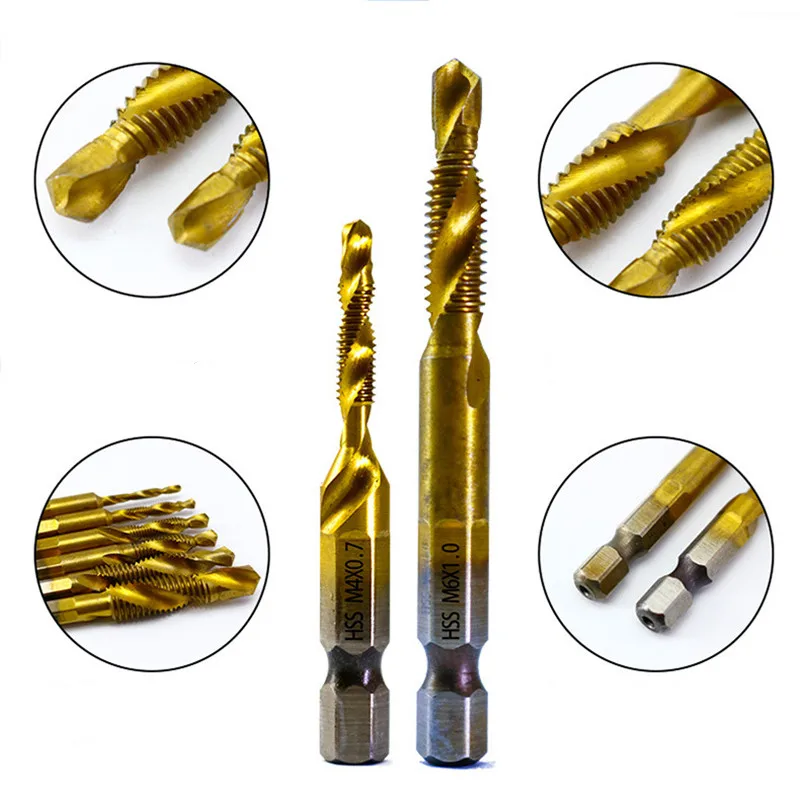 6.35mm (1/4) Shank HSS hexagonal handle combination tap, wood, steel plate, drilling and tapping chamfered three in one tap set