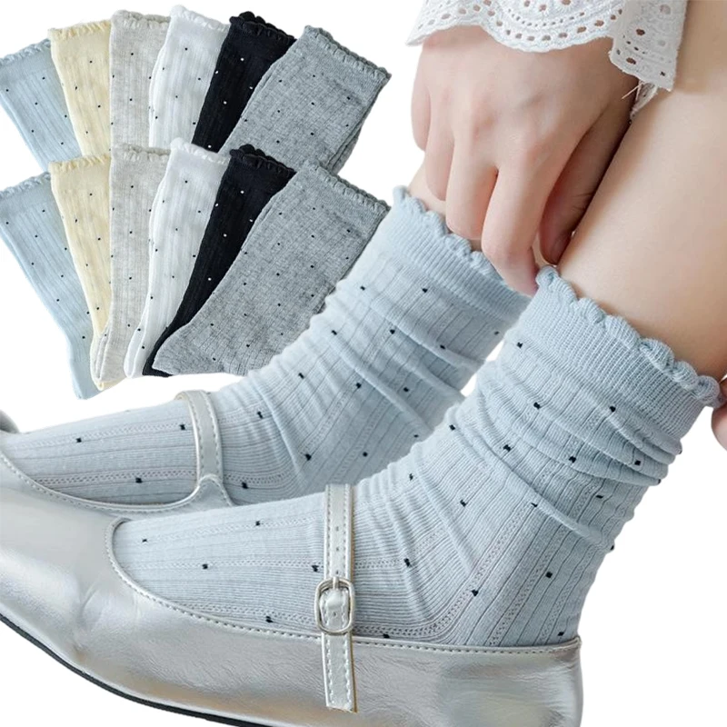 Spitzenbesatz, Netzstoff, gepunktete Socken für Damen, mittelhohe, atmungsaktive, durchsichtige, gestreifte Socken aus Baumwollmischung, Vintage-Stil, romantischer Lolita-Stil, Stretch