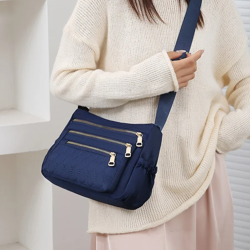 Casual Solid Color Nylon Fabric Multiple Zipper Compartments Single Shoulder Crossbody Small Square Bag Middle-Aged Women