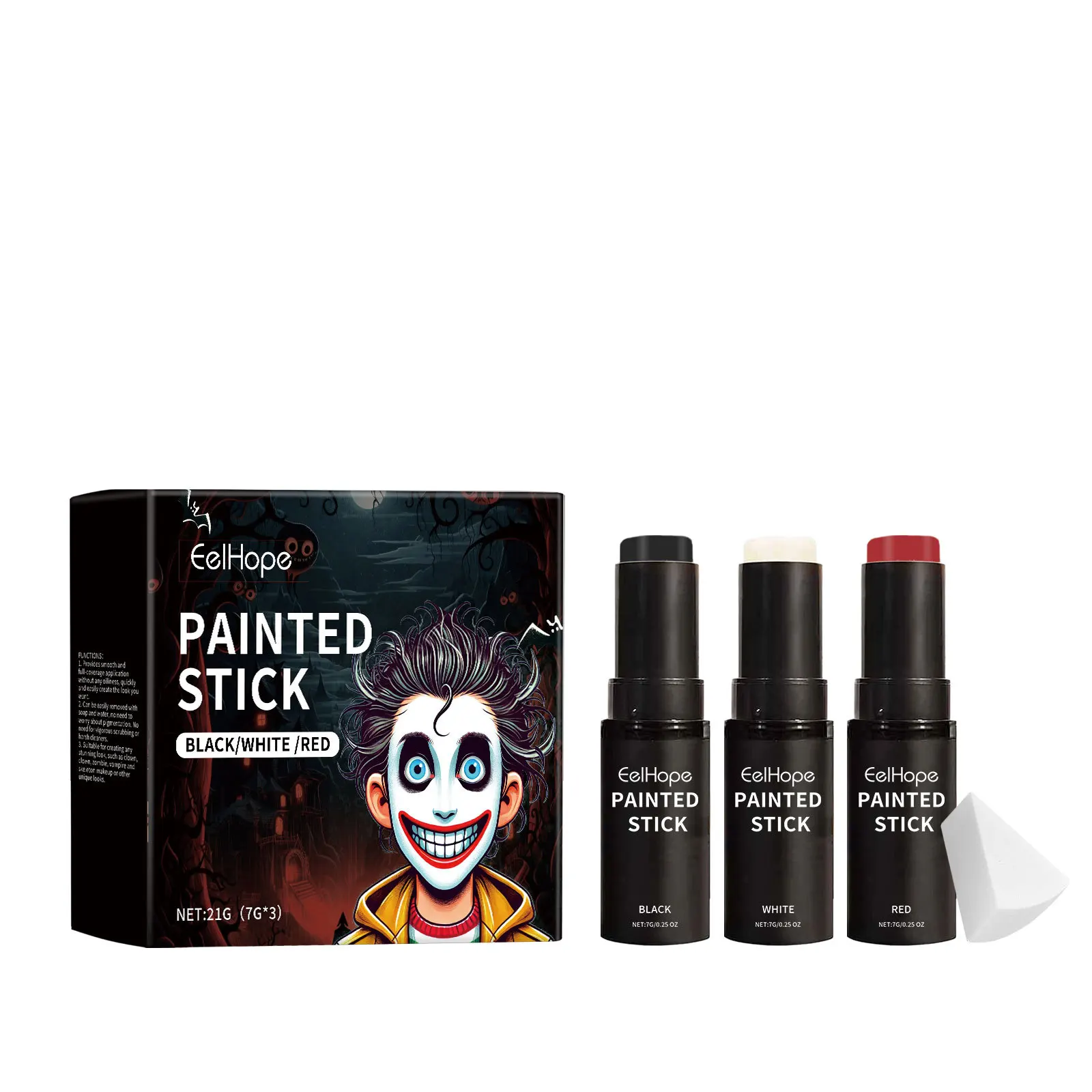 Juego de barras de pintura corporal para Halloween, cobertura completa de larga duración, resistente al agua, maquillaje negro, blanco y rojo, juego de maquillaje de pintura facial de payaso