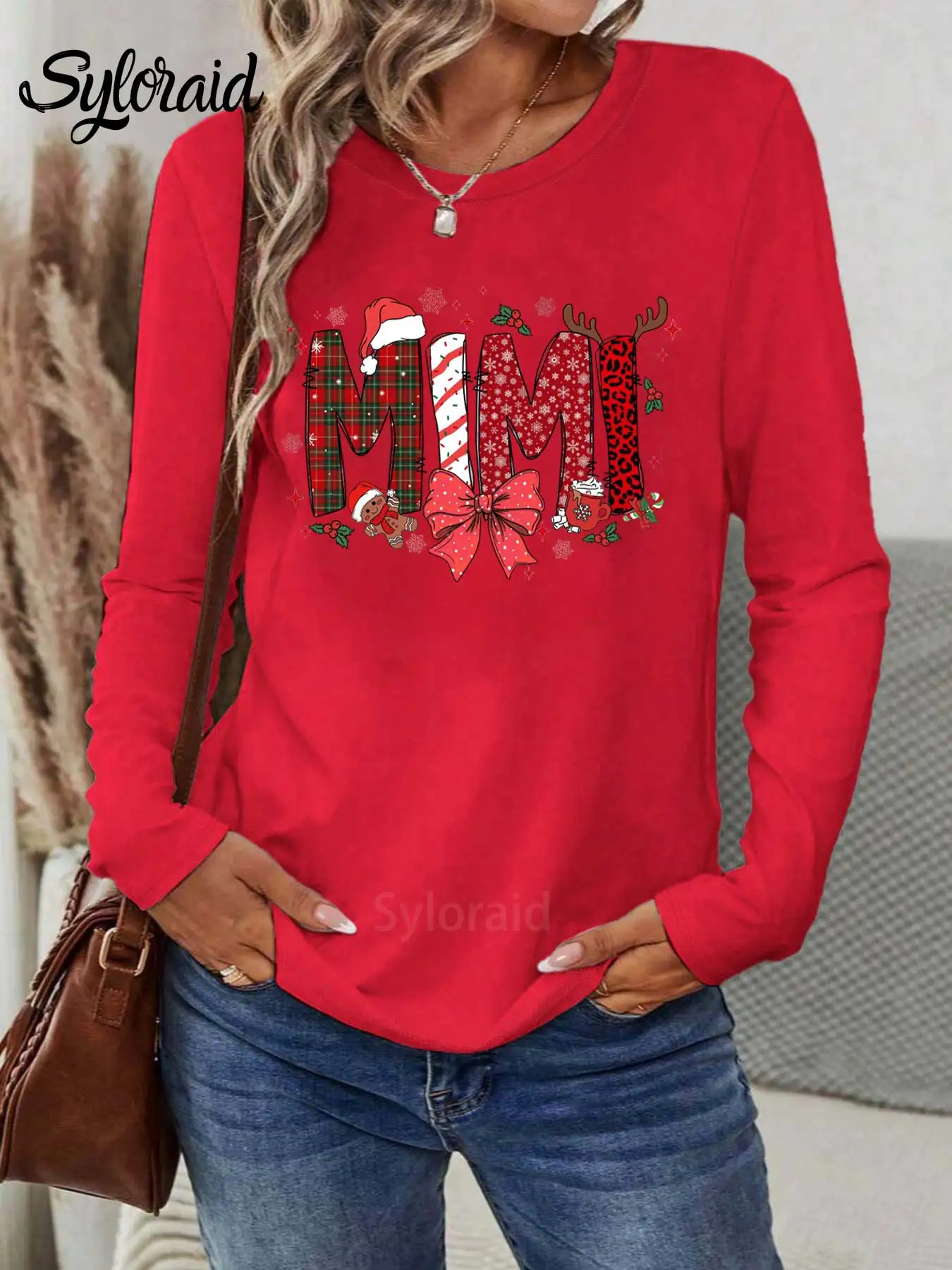 여성용 긴 소매 티셔츠 MiMi Claus 크리스마스 뿔 리본 프린트 티셔츠 패션 라운드 넥 캐주얼 탑