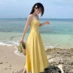 Summer Fashion Sexy Camis Long Dress Women's Retro Silm Yellow Dresses Backless Beach Loose Shirt Coquette Aesthetic Y2k Clothes