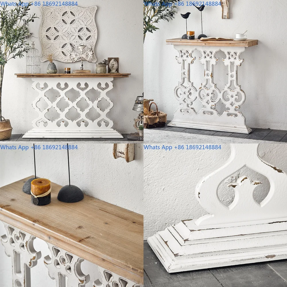 

Vintage American Entryway Table with Carved Design Distressed Finish Hallway Console Decorative Shelf