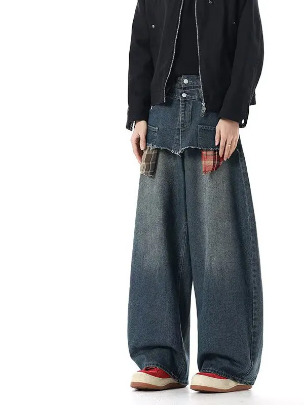 

plus Size Women's Casual Wide Leg Jeans High Waist Patchwork Korean Sle Spring New Design Loose Fit Denim Pants