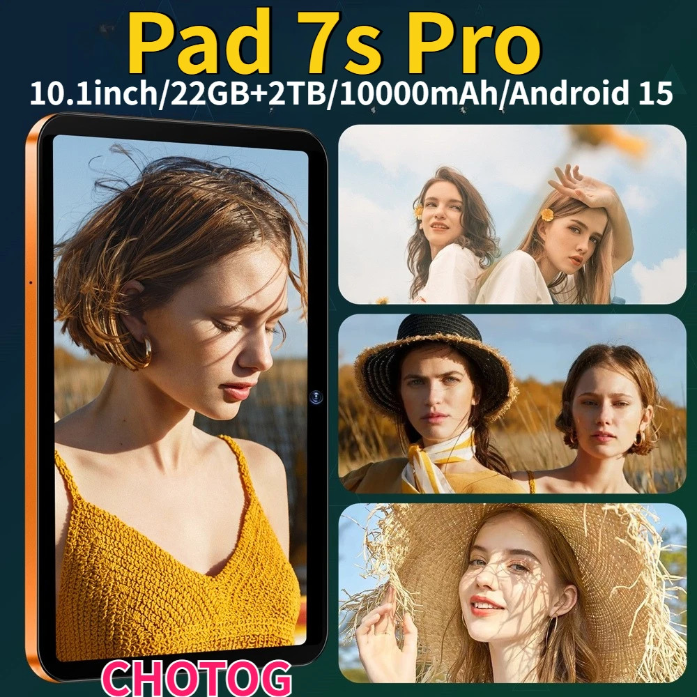 Tablet CHOTOG Pad 7s Pro 5G Dual SIM, schermo HD da 10,1 pollici, tablet Android 15, batteria da 10000mAh, 22GB+2TB, tablet per bambini, PC portatile per bambini