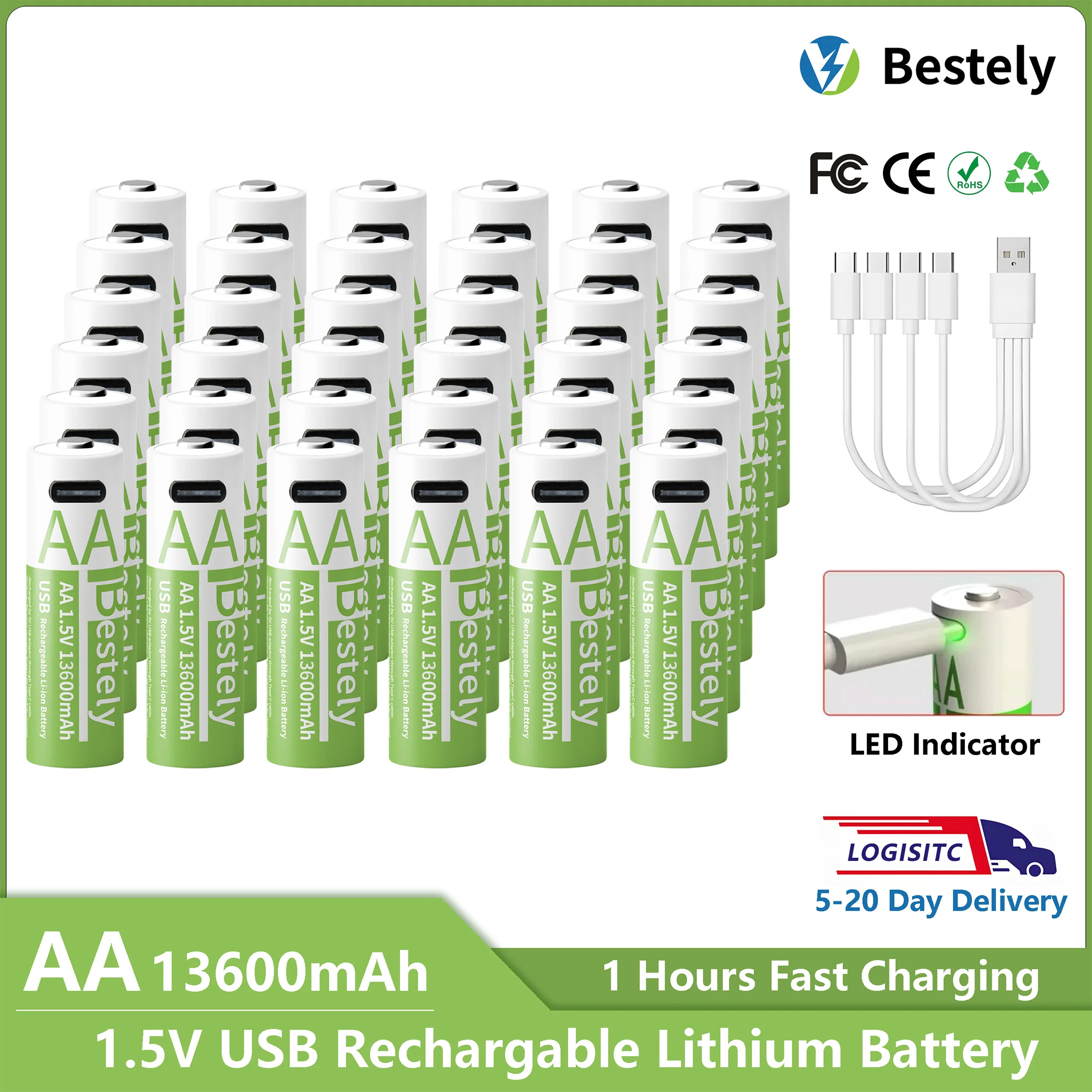 타입-C 초대용량 배터리 AA 1.5V 13600mAh 리튬 충전식 배터리 출력 전압 안정적인 전원 공급