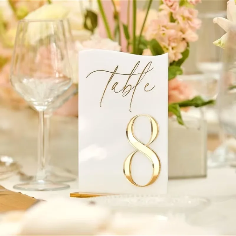 Hochzeit Tischnummern Weiß Acryl 3D Gold Spiegel Tischnummern mit Ständern Hochzeit Tischdekoration Hochzeitsempfang