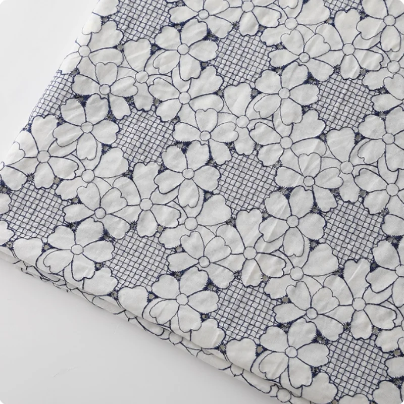 

dark blue floral embroidery cotton fabric for shirt, dress, children's clothing diy fabric