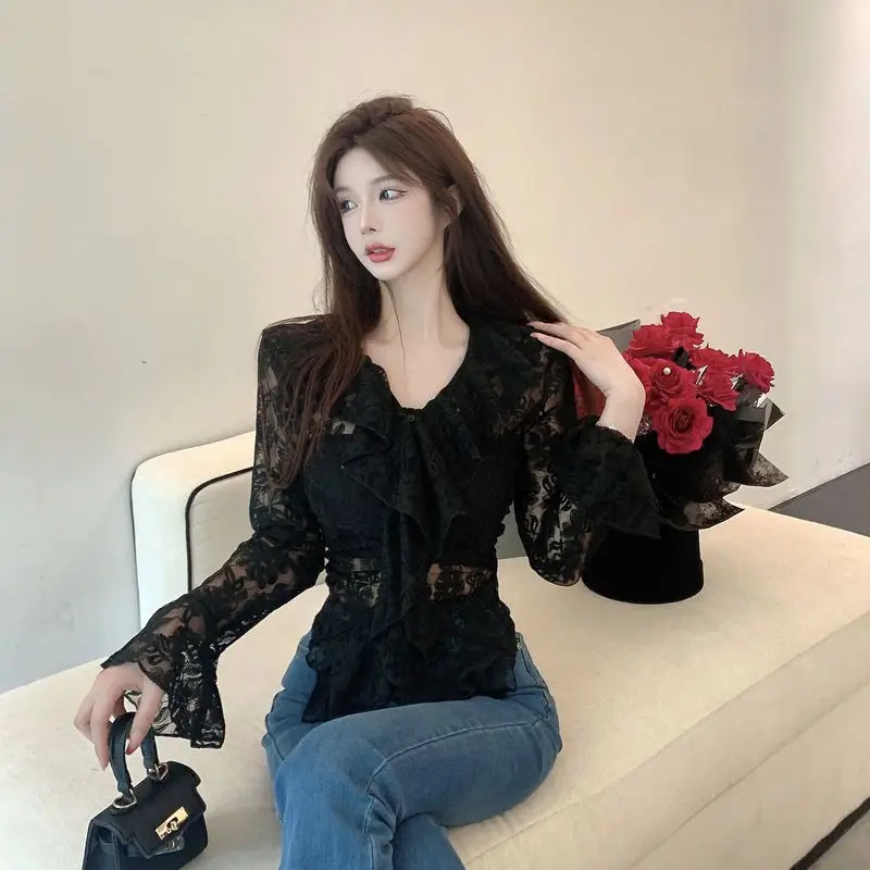 Stylish Solid Color Spliced Lace Ruffles Blouse Female Clothing 2023 Spring Summer New Casual Pullovers Flare Sleeve Chic Shirt