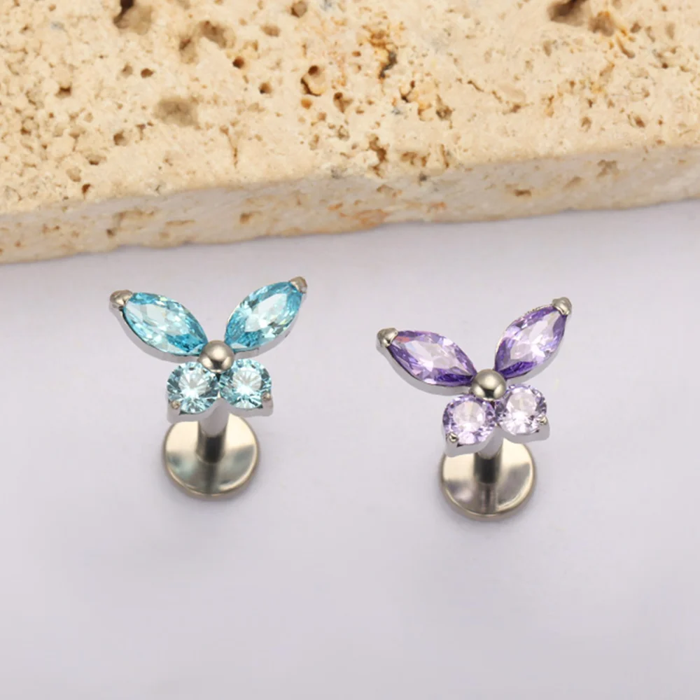 PUTITUP ASTM F136 التيتانيوم فراشة أقراط مرصعة بحجر الزركون روك الشرير نمط الأذن العظام الشفاه مسمار العالمي هيئة ثقب المجوهرات