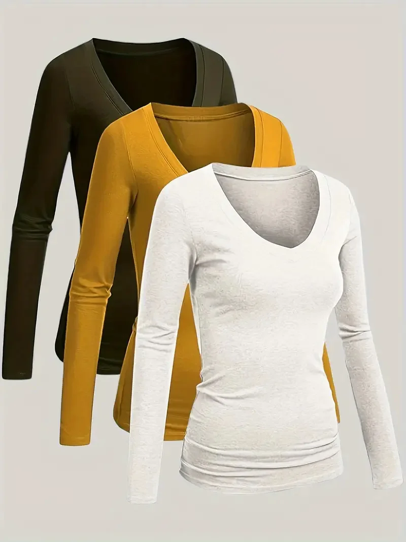

V-neck T-shirts, spring and fall casual long-sleeved tops, women's