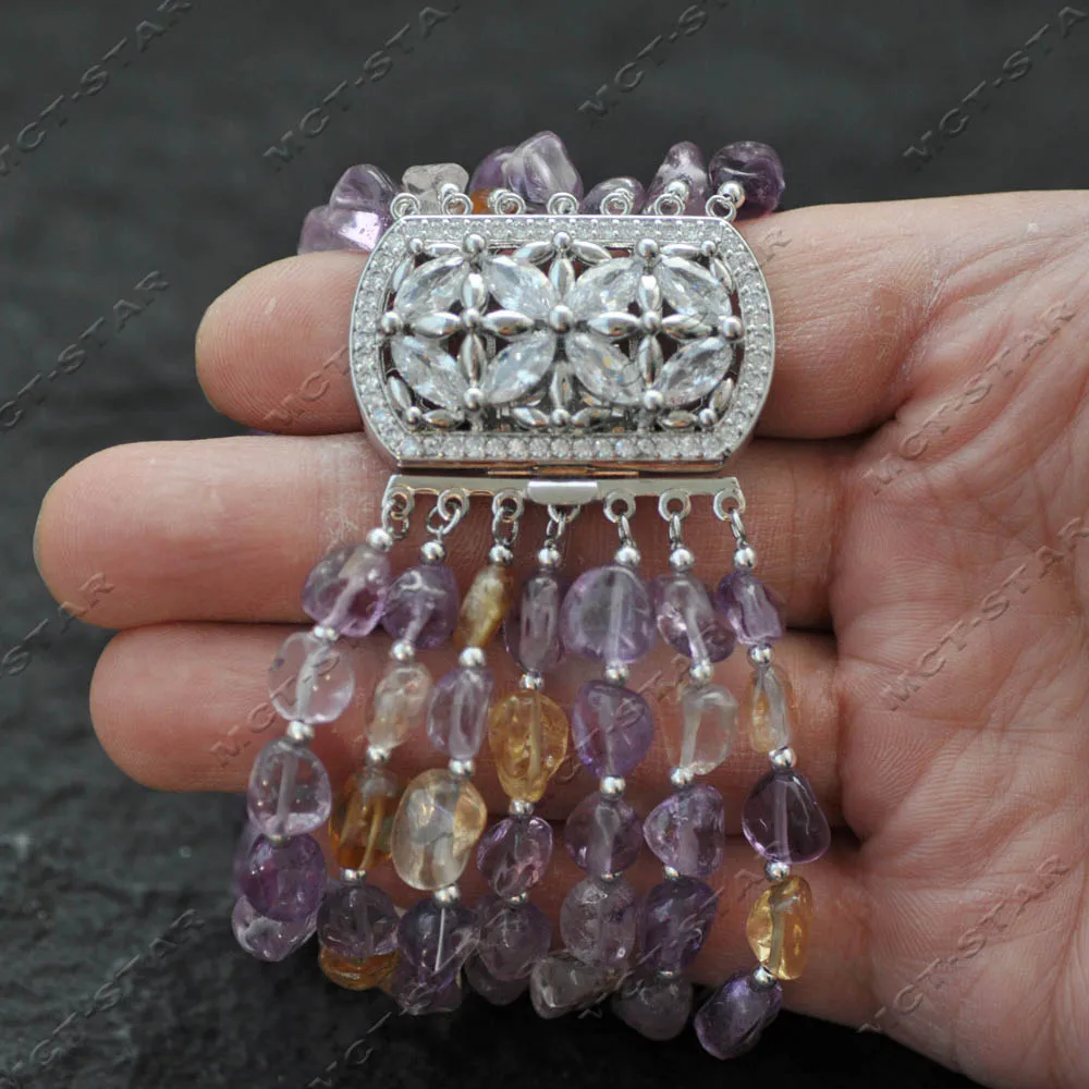 Z14478 7Row 8" Natural Clean Purple-Yellow Crystal Lavender Amethyst Bracelet CZ