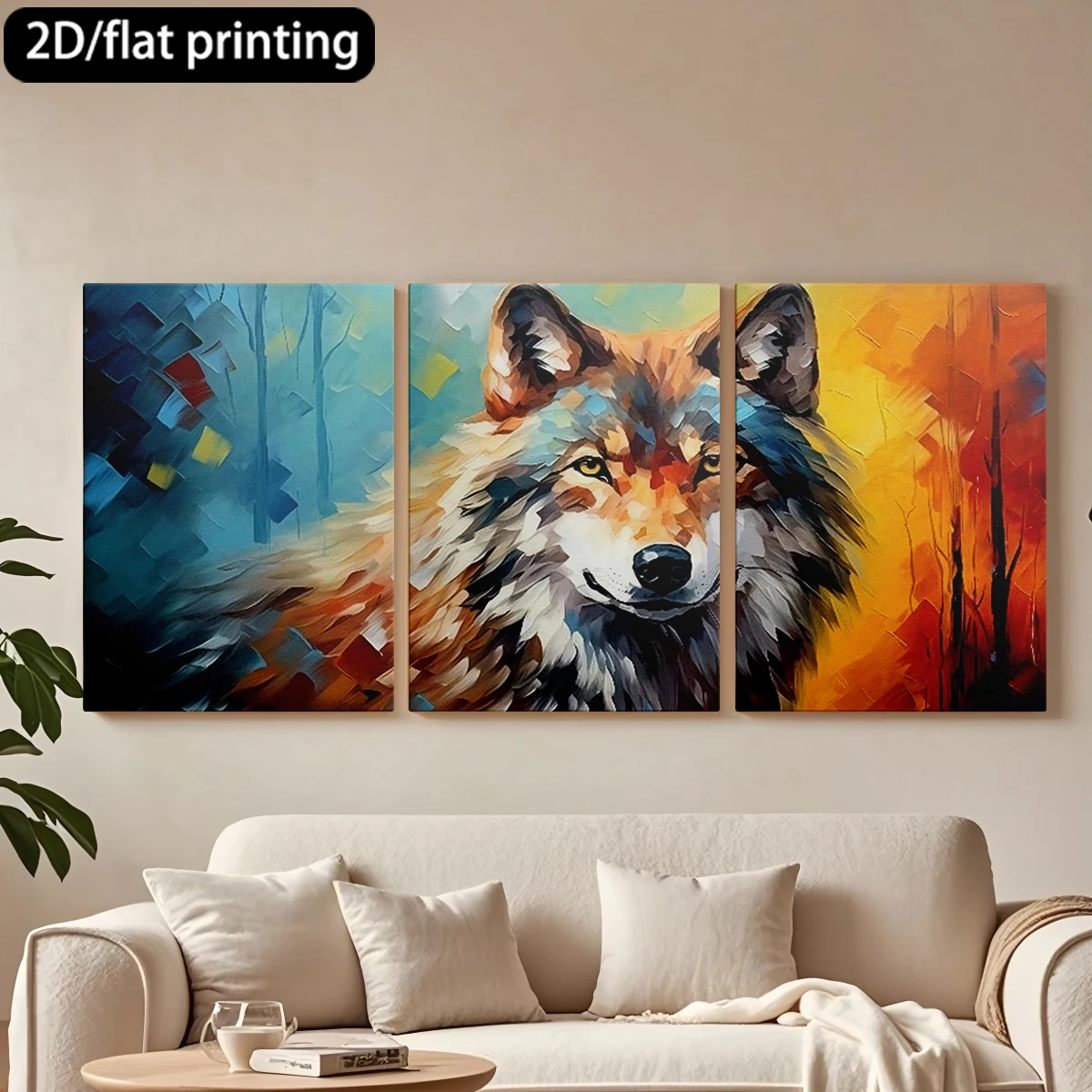 

Декоративная картина на холсте в деревянной раме, 3 шт., с изображением волка, ярким красочным фоном. Украшение для коридора и спальни.