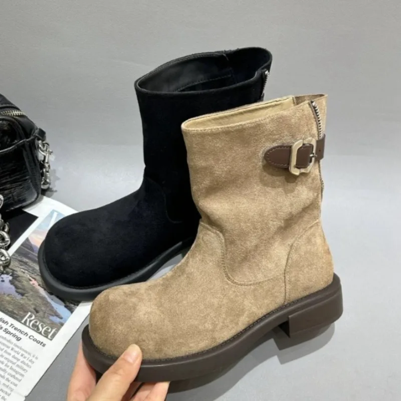 

Women Suede Heeled Ankle Boots Designer Buckle Fashion Shoes 2025 Winter New Trends Short Boots Classical Cozy Zapatillas Mujer