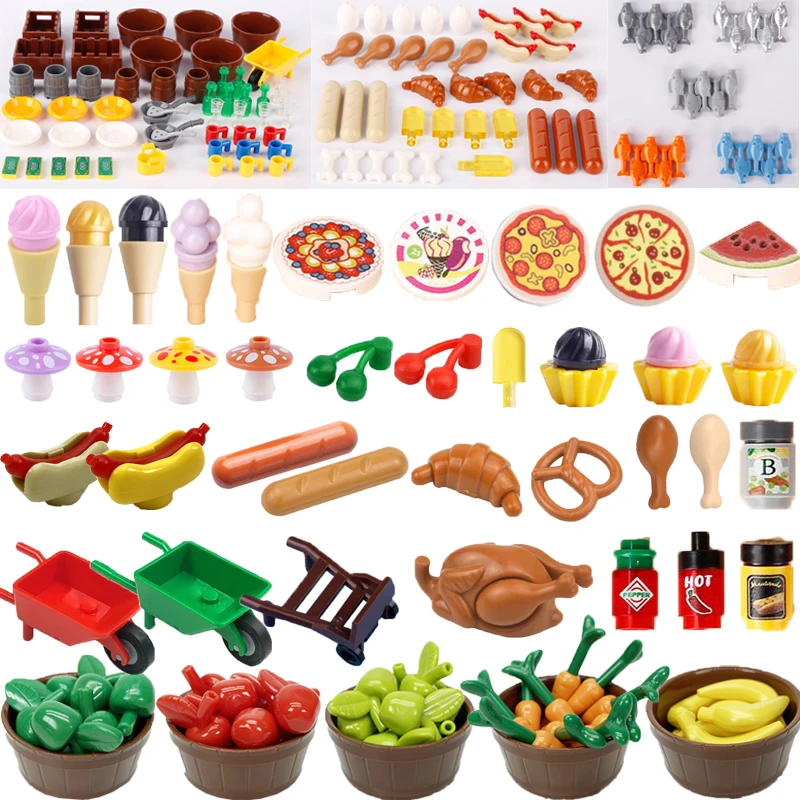 MOC City Building Blocks Toy Food Accessories Mini Brick Mushroom Fish Apple Hot Dog Cake Pizza Chicken Leg Ice Cream Box K031