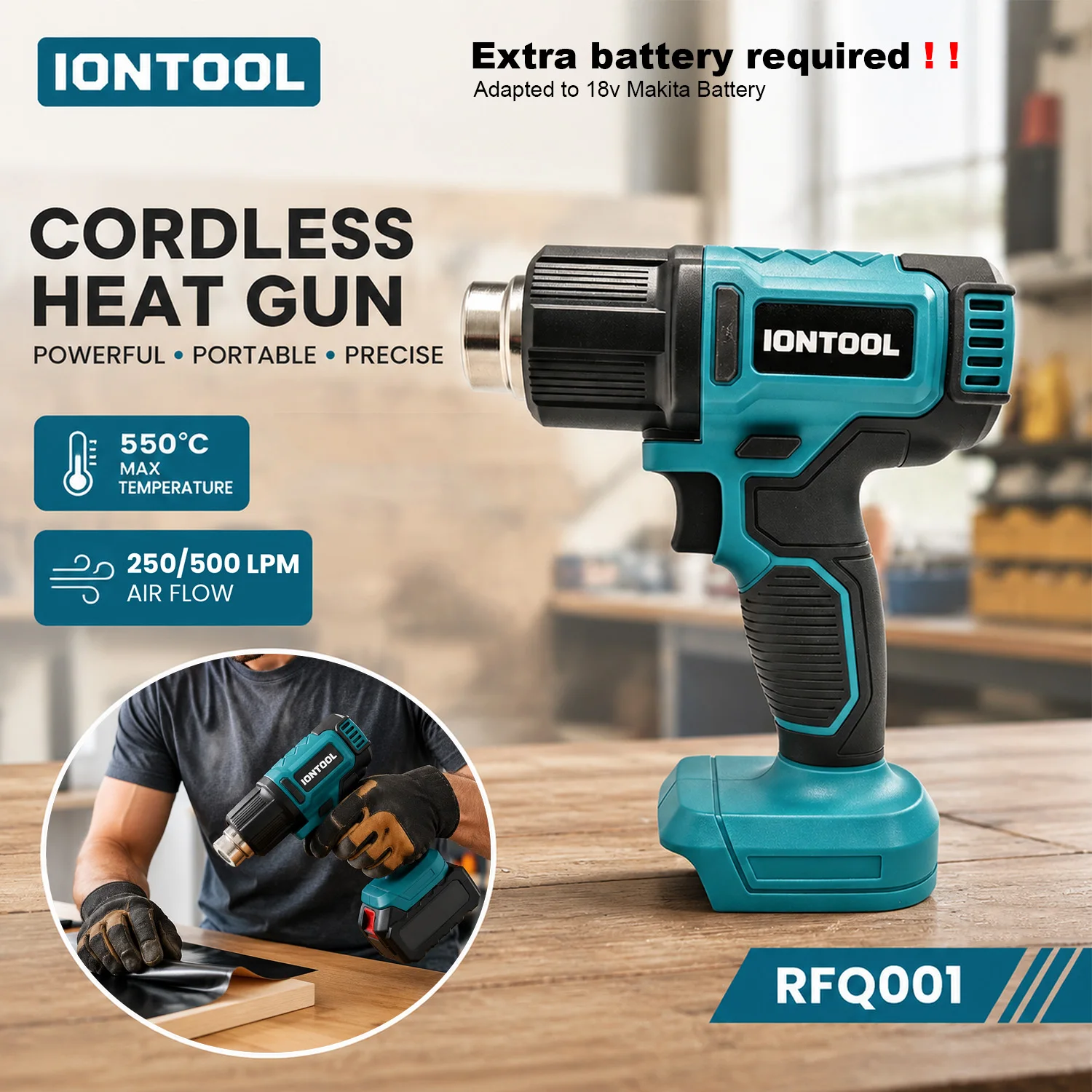 IONTOOL Cordless Heat Gun Bare Unit 550℃ 250‑500LPM Dual Airflow Compatible with 18V Lithium Battery for Household Heating Jobs