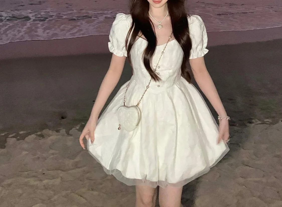 CGC Vintage Puff Sleeves White Short Dresses For Women Summer Elegant Party Dresses Korean Fashion Female Kawaii Lolita Dress