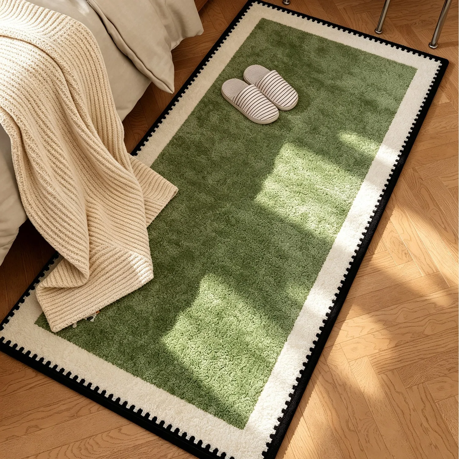 Bedroom Beside Carpet Stain-resistant Wear-resistant Floor Mat Vintage Green Geometric Pattern Long Strip Rug Home Decor Rugs