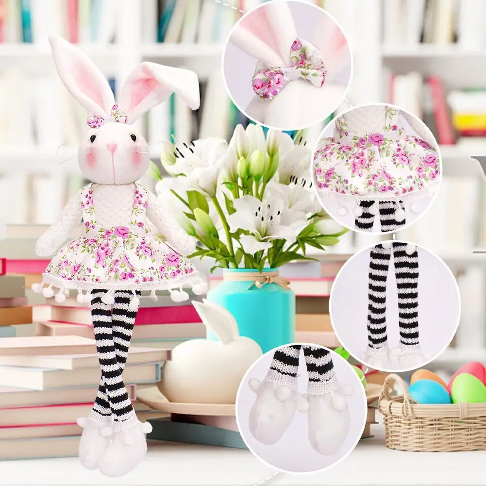 Plush Doll Cute Long-Leg Sitting Stripe Rabbit Toy Adorable Floral Dress Design With Pom-Poms Easter Home Decor