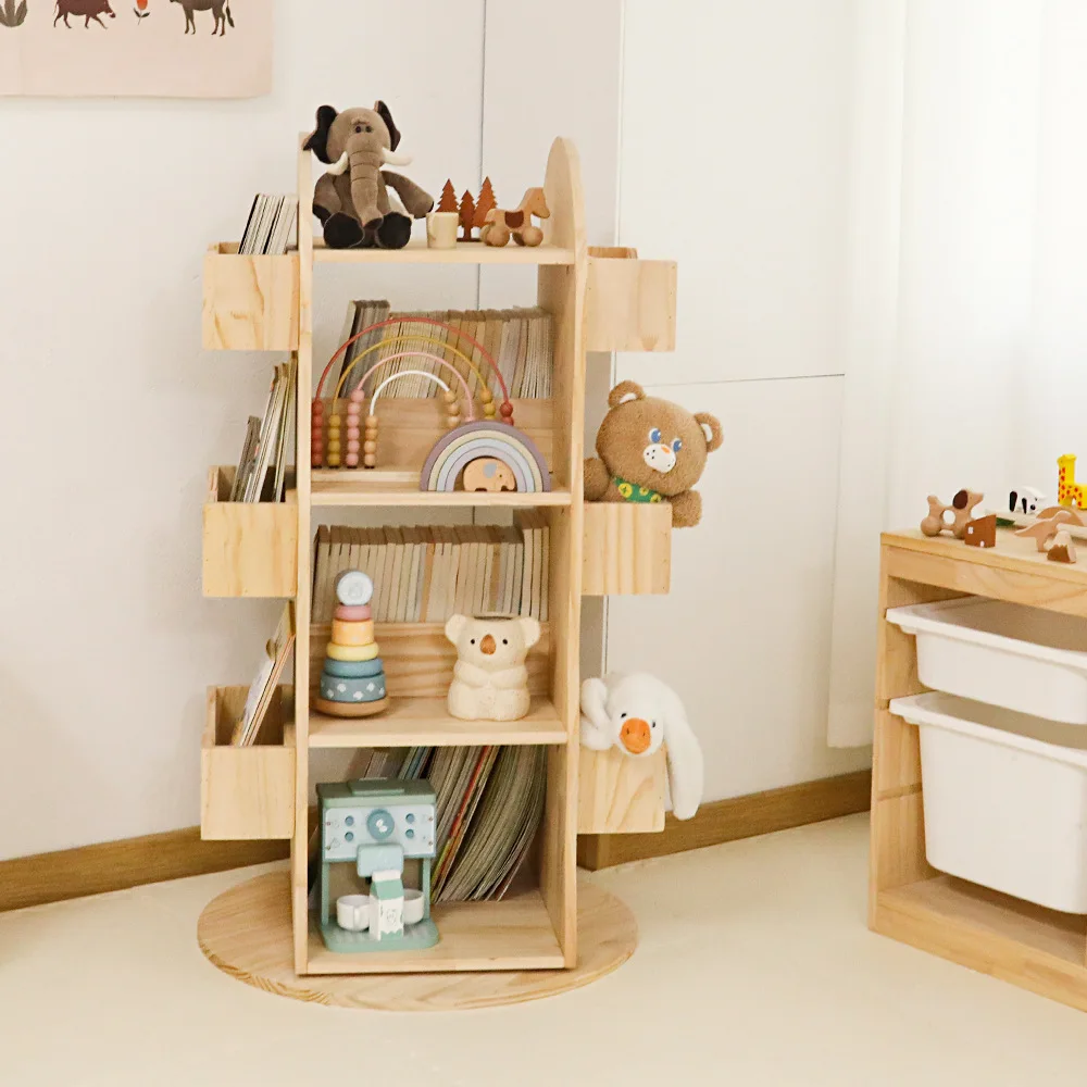 خزانة كتب خشبية للأطفال، رف كتب، أثاث مكتبة الأطفال، رف تخزين كتب دوار بعجلات