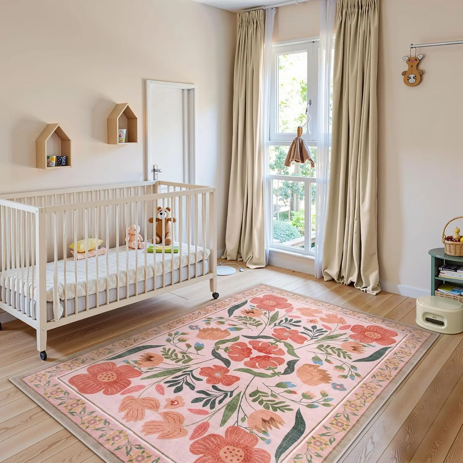 Pink Vintage Folk Floral Rug, Non-Slip Carpet for Bedroom Living Room Nursery, Retro Botanical Decor Floor Mat