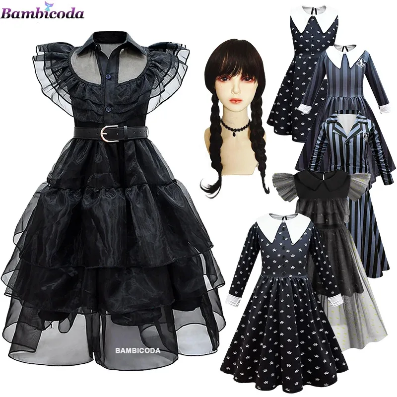 

Wednesday Addams Cosplay For Girl Costume 2023 New Vestidos For Kids Girls Mesh Party Dresses Carnival Costumes 3-10 Years Old