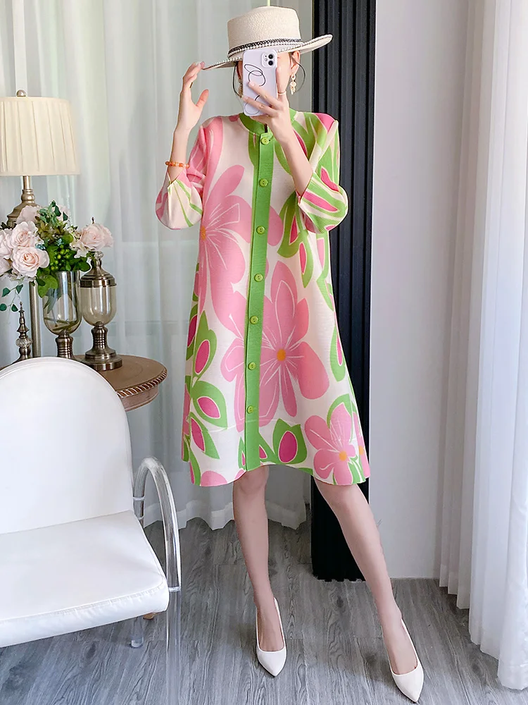 Three-Panel Wind-Blown Long Sleeve Plaid Print Maxi Dress Casual Loose Waist High Elasticity Polyester Summer Dress