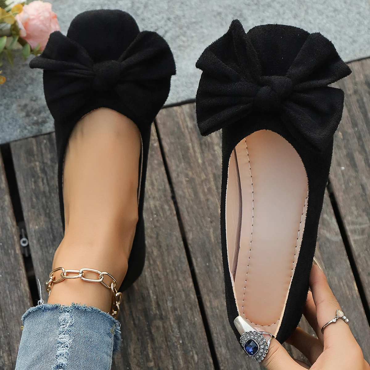 Women'S Shoes For Flat Feet - Women Bow Decor Square Toe Flat