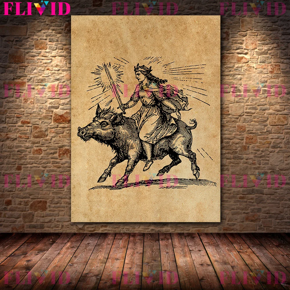 Norse Goddess,Fallen Angel And Mythical Animals,Vintage Wall Art Canvas Painting,Witch Poster Print,Pagan Gifts,Home Decoration