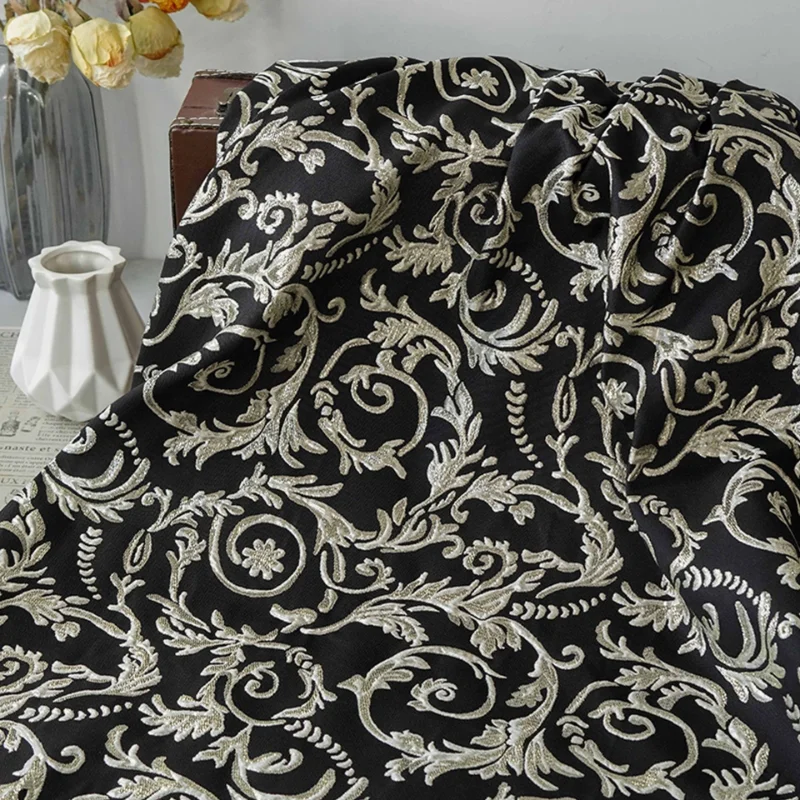 1 Meter Vintage Black Curled Grass Gold Thread Jacquard Fabric Wedding Gown Dress Vest Tablecloth DIY Craft Material Wholesale