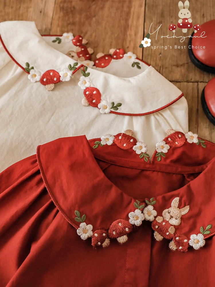 Girl's Embroidery Cut Lapel Shirt 2024 Spring Pleated Cuff Casual Top