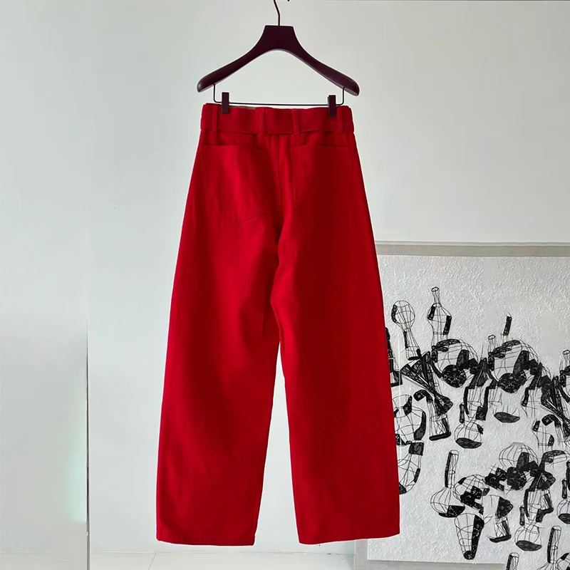 Ladies' simple jeans, red wide-leg pants with belt decoration, fashionable and versatile long pants, high quality, new style,