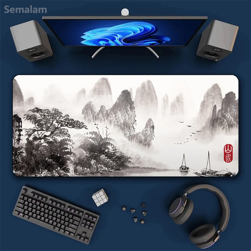 

Коврик для стола с китайской живописью тушью, большой игровой коврик для мыши, нескользящая резиновая основа, прошитые края, для ПК, офиса, декора стола