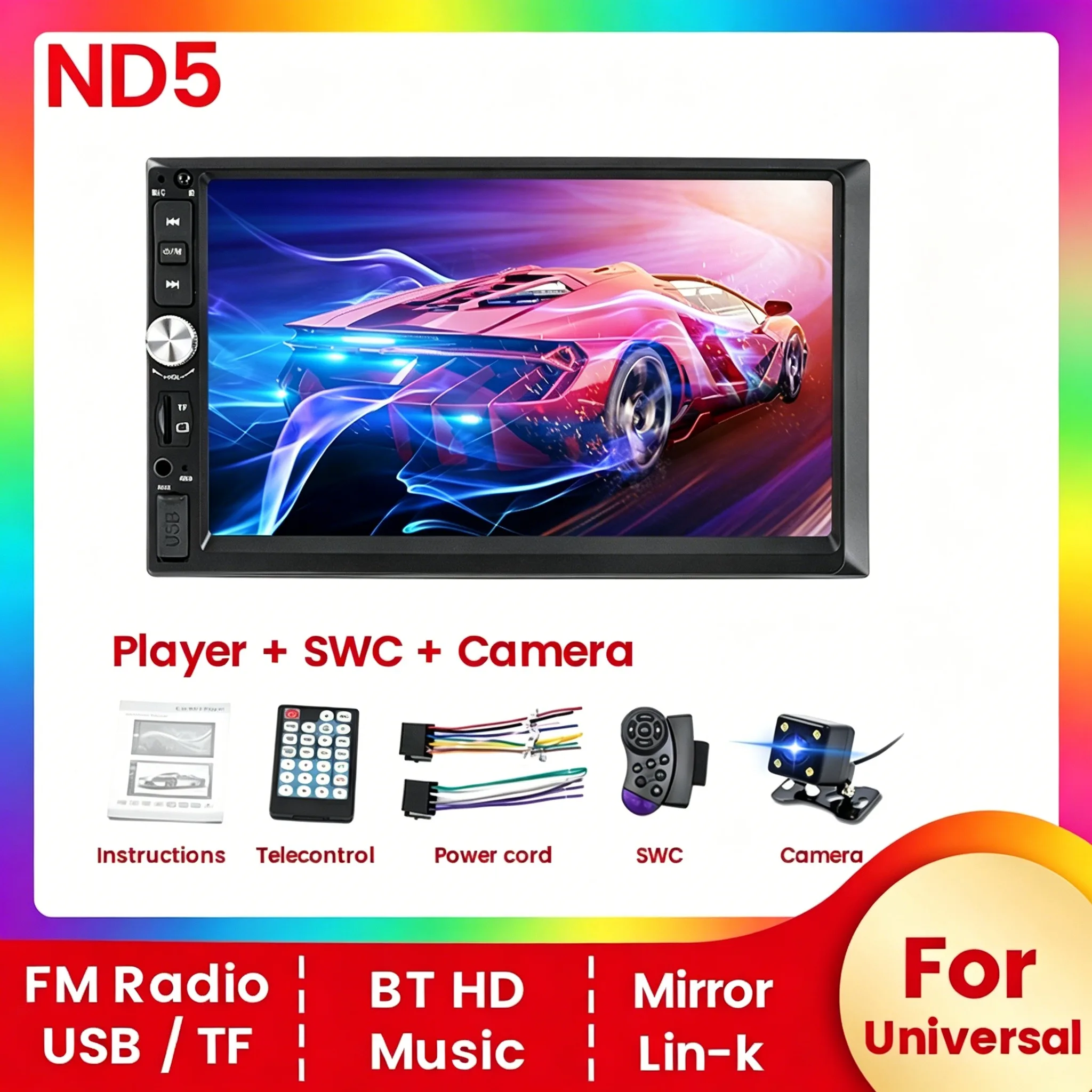 2 Din 7-Zoll-Autoradio mit HD-Touchscreen, Stereo, Bluetooth, FM, ISO-Anschluss, Aux-Eingang, Mirror Link, Lenkradfernbedienung, 2Din-Auto-Multimedia-Player