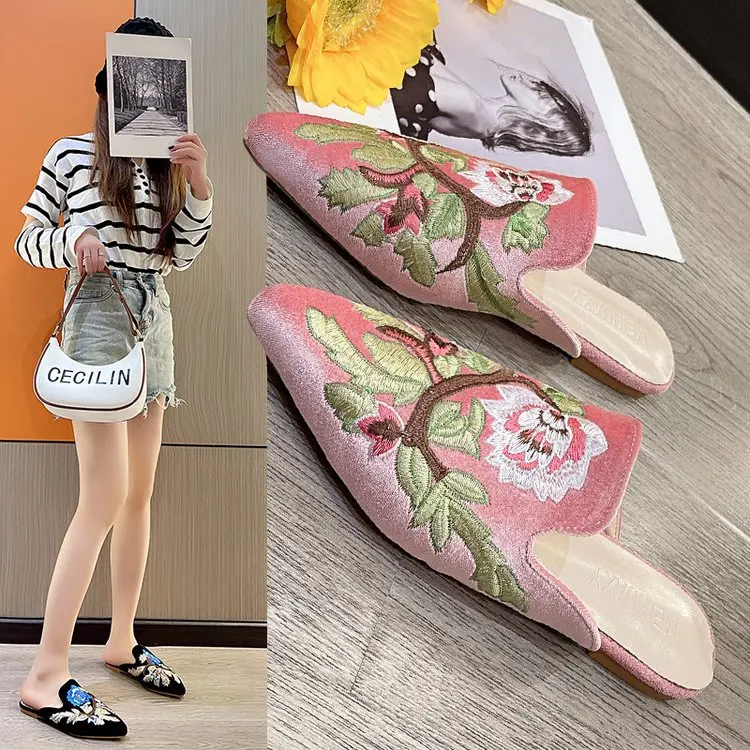 Flower Cover Toe Mules For Women 2024 Big Size Low Shoes Slippers Flat Pantofle Luxury Slides Loafers Pointed New Designer Fashi