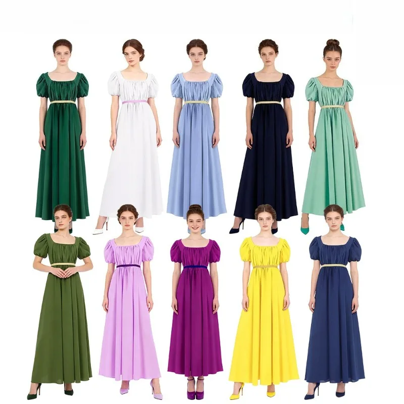 

Women Cosplay Costume Regency Dresses High Waistline Ruffled Puff Sleeve Long Dress for Halloween Carnival Party Roleplay Outfit
