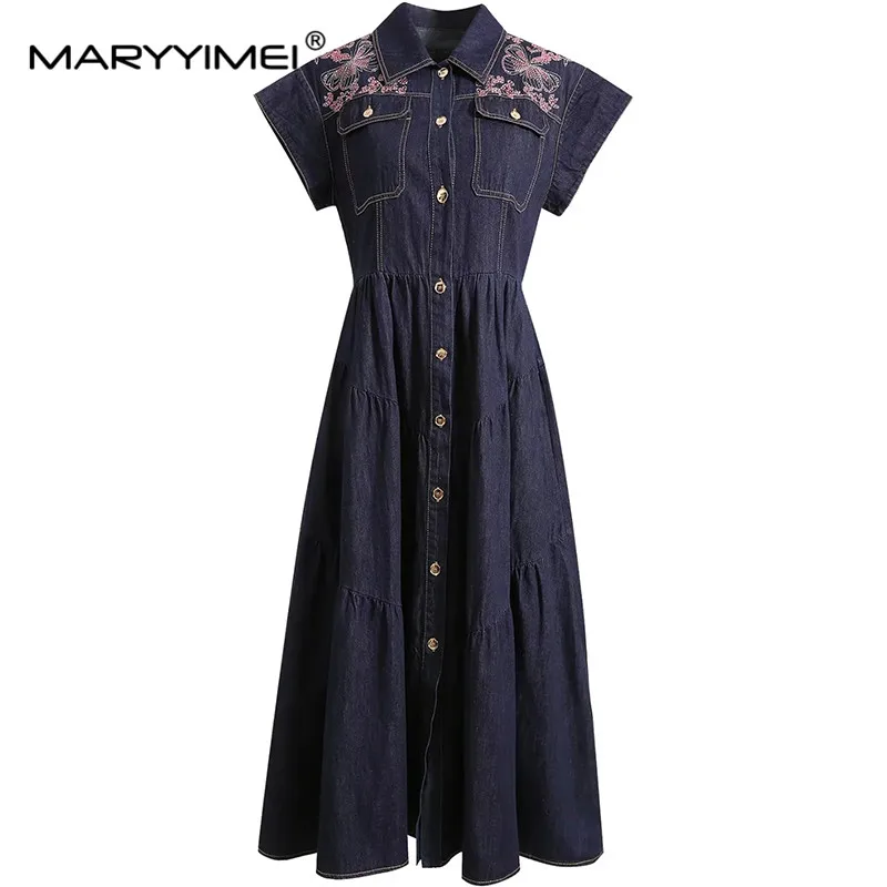 MARYYIMEI Spring Summer Women\'s dress Turn-down Collar Short sleeved Single breasted Embroidered Slim Elegant Long Dresses